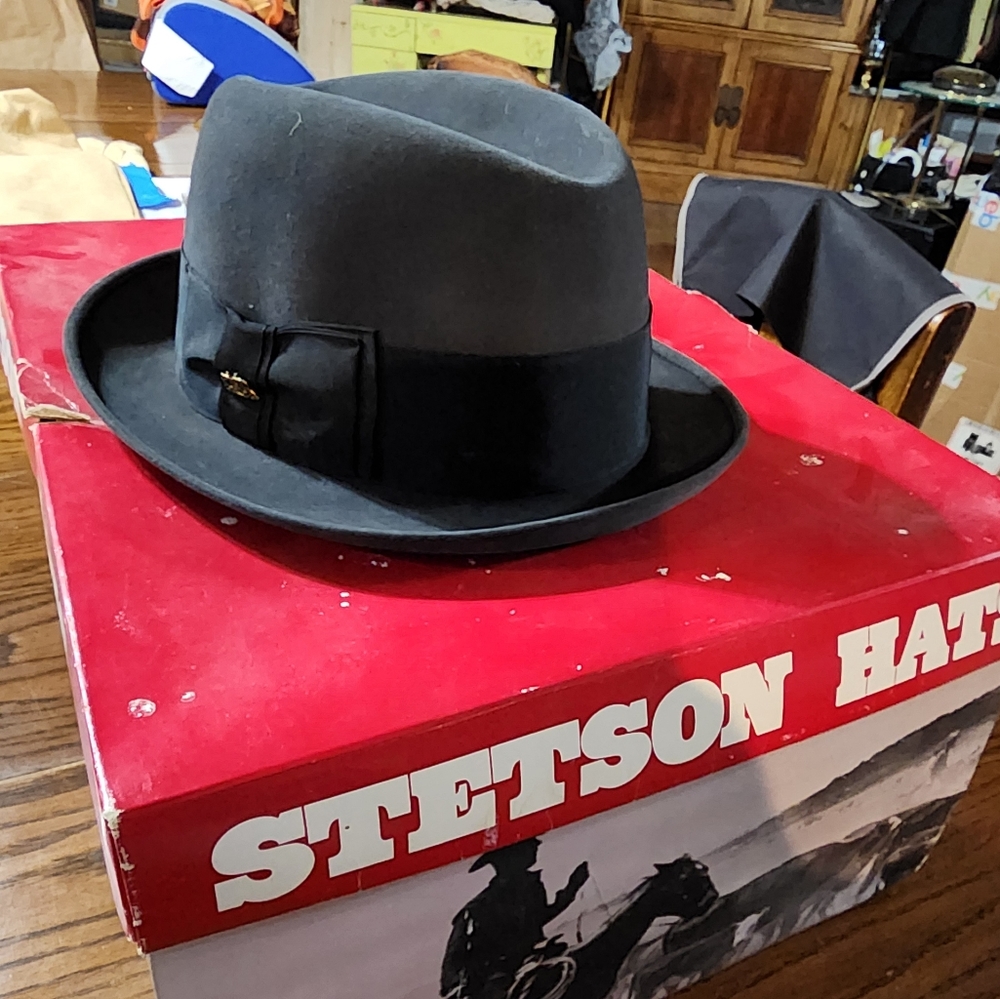 Vtg Stetson Stetsonian Fedora Beaver 7 1/4 Long Oval Gray/Black